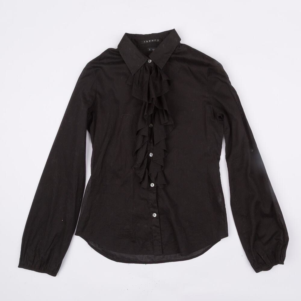 Vintage Theory Ruffle Front Blouse Black Button Up Long Sleeve Womens Size S